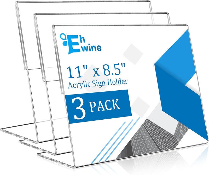 EHWINE 3 Pack 8.5 x 11 Acrylic Sign Holder Horizontal, Clear Plastic Signs Display Stand, Slanted Back Paper Holder Stand up Table Top Sign Holders Flyer Stand Frames for Office Business Store - Image 1